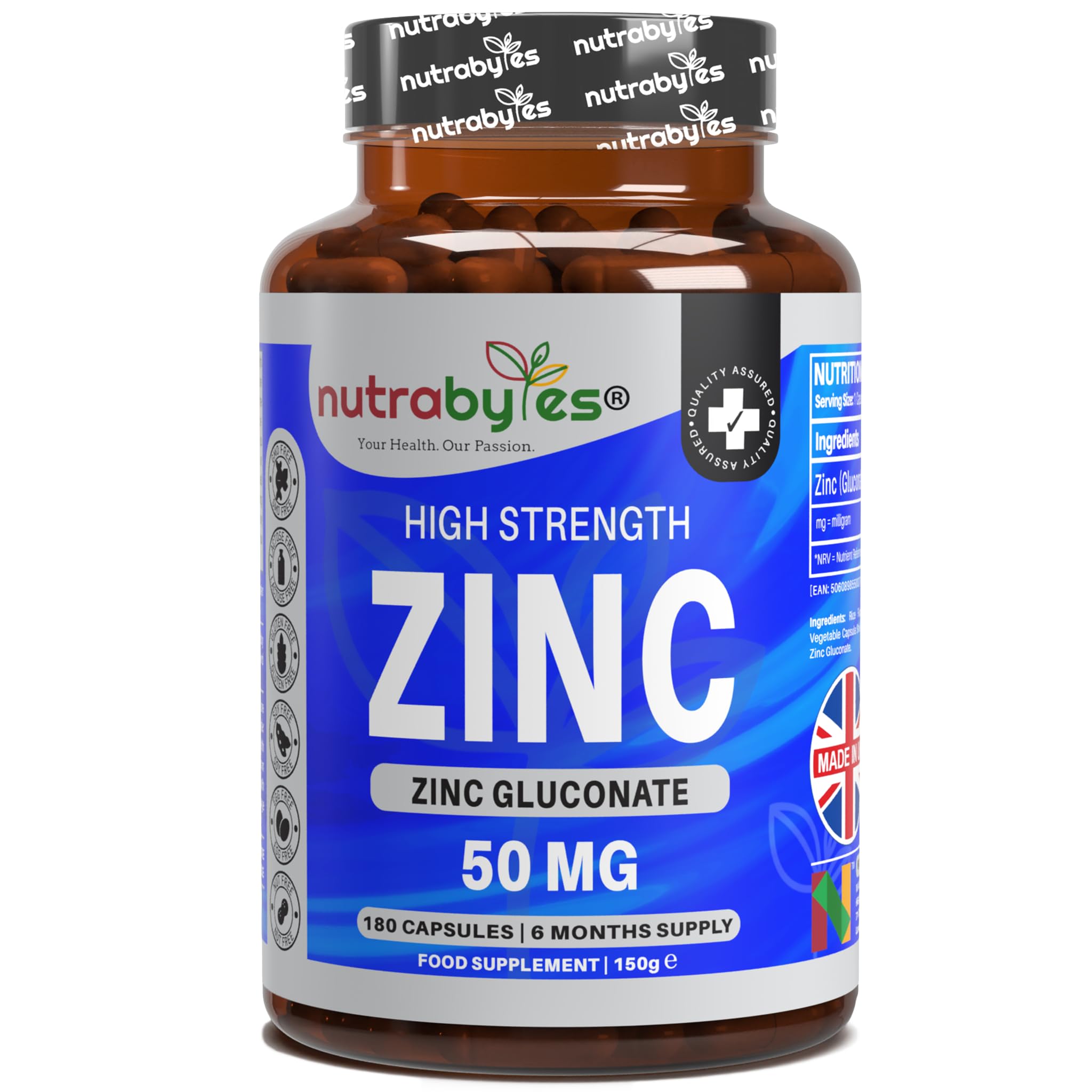 Zinc Capsules 50mg | 180 Capsules | 6 Months Supply | Zinc Supplements for Men & Women, 1-a-Day | No Artificial Flavours | Non-GMO, Vegan & Magnesium Stearate-Free | UK Made | Nutrabytes