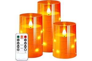 NURADA Flameless Candles with Remote Timers: Built-in Star String Lights 3D Wick Battery Operated Flickering LED Electric Candles for Halloween Thanksgiving Dinner Tables Fall Home Decor Orange 3 Pack