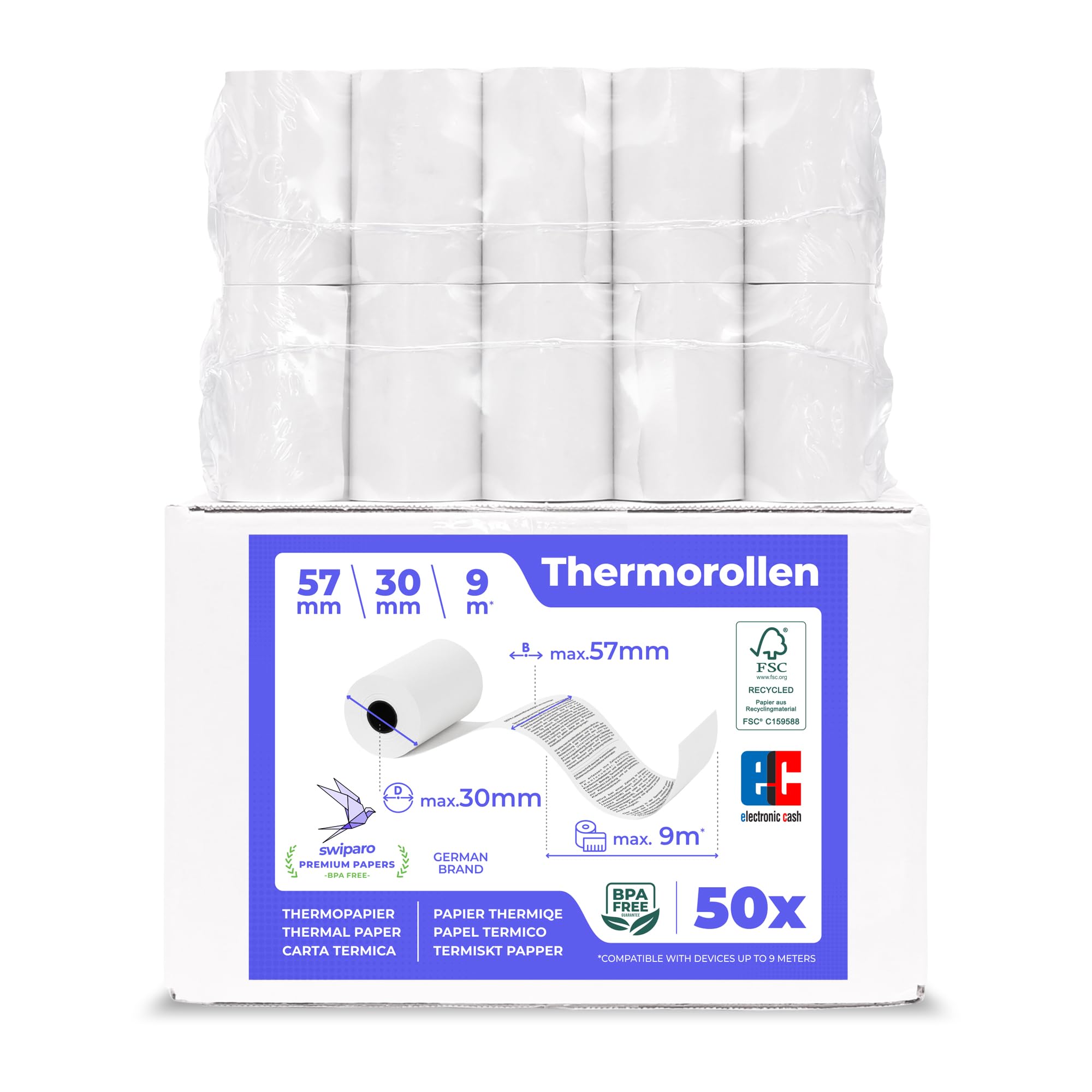 SWIPARO - Ec-Cash Thermal Rolls 57 mm x 9 m x 12 mm - Till Rolls - Thermal Paper - Receipt Rolls for ATM - Credit Card Readers with SEPA Direct Debit Text (Pack of 50)