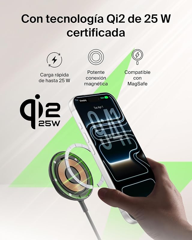 UltraCharge Cargador Inalámbrico Magnético Qi2 25W, Carga Rápida, Compatible con MagSafe, Refrigeración Pasiva y Soporte, iPhone 17 Series, Pixelsnap y AirPods Pro - Negro
