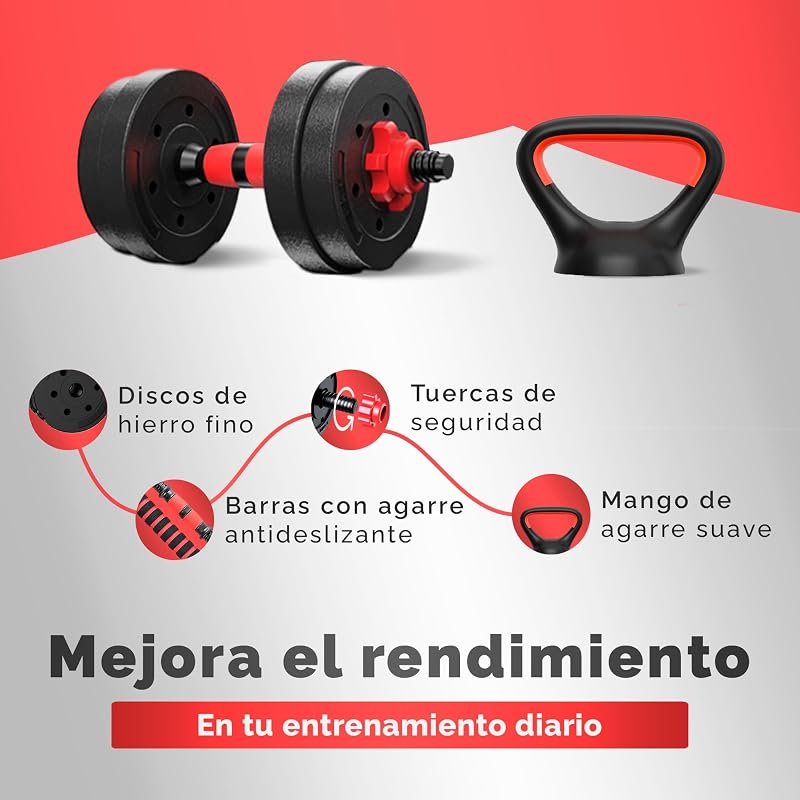 Juego de Mancuernas Ajustables 4 en 1 + Kettlebell - 10kg 20kg 35kg - Kit de Pesas con Barra Recta Ajustable y Antideslizante - Pesas y Mancuernas Discos Recubiertos - Set de 10 kg