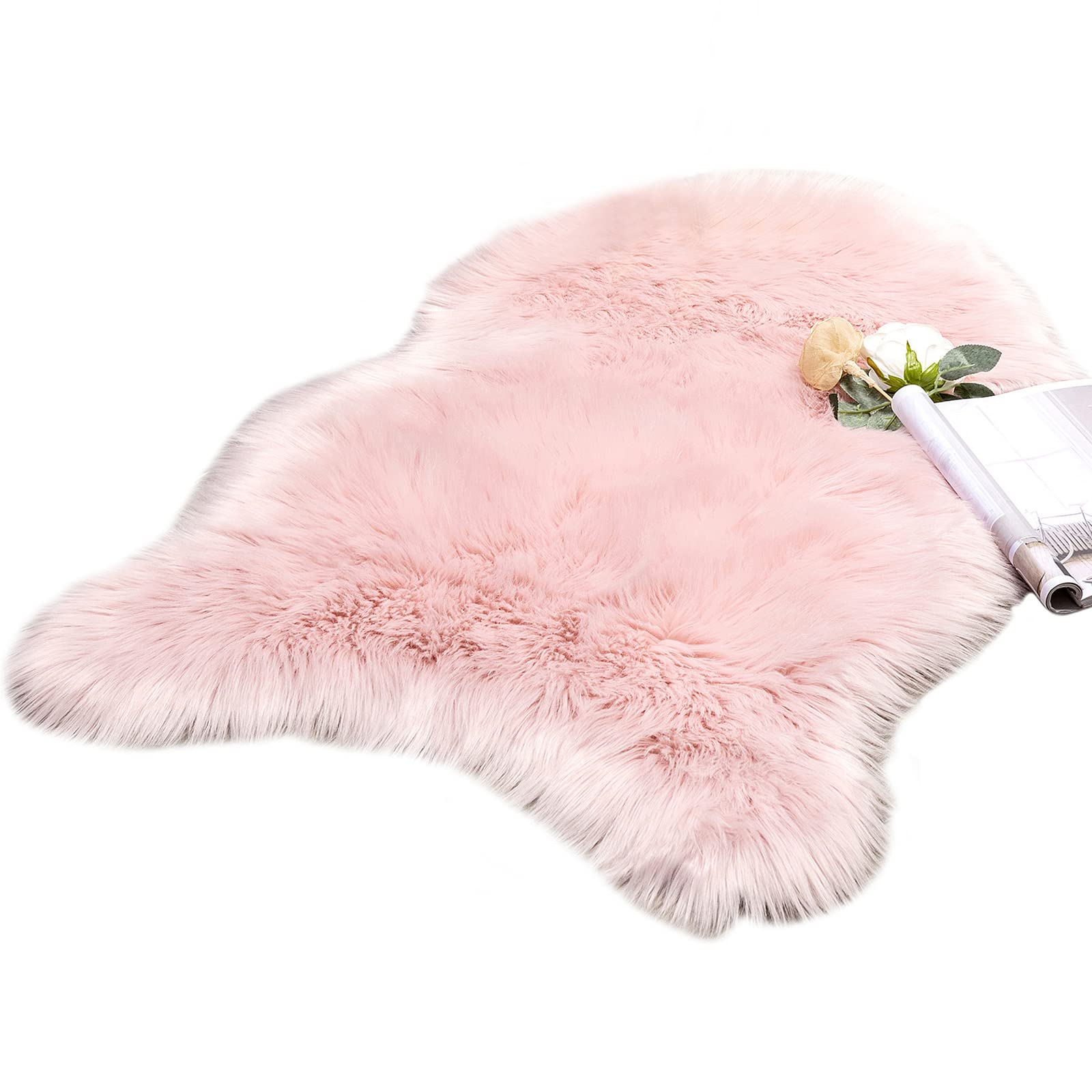MIULEE Faux Fur Area Rugs Sheepskin Fluffy Mat Fleece Chair Cover Seat Pad Soft Shaggy Area Mat for Bedroom Sofa Floor 60 x 90 cm Irregular Shape Pink