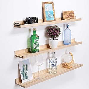 AZSKY 48 Inch Large Wood Floating Shelves for Wall Set of 3, Rustic Natural Picture Ledge Shelf Decor for Bedroom Kitchen Bathroom Living Room Nursery Display, 3 Different Sizes