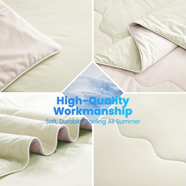SNOWMAN COOLING COMFORTER QUEEN SIZE DOUBLE-SIDED, SOFT COOLING BLANKET FOR HOT SLEEPERS, COLD TOUCH FABRIC SUMMER QUILT, LIGHTWEIGHT Q-MAX>0.4 SILK SMOOTH (YELLOW GREEN/CREAM, 90″X90″)