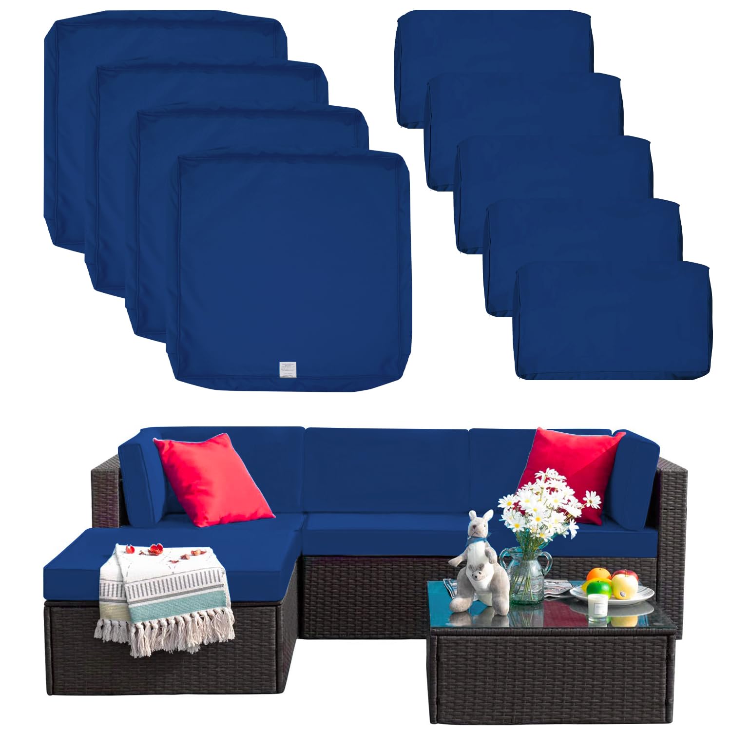 Photo 1 of 9 Pack Patio Cushion Covers Set Outdoor Furniture Cushion and Pillow Cover Replacement Fit for 5 Pieces 4-Seater Wicker Rattan Patio Sectional Sofa Chair Couch Set,Aegean Blue-Cover Only (Large)