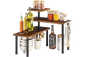 BMOSU Kitchen Corner Shelf Countertop Organizer with Hooks Adjustable Spice Rack Corner Display Rack Shelf Cabinet Counter Shelves(Rustic Brown)