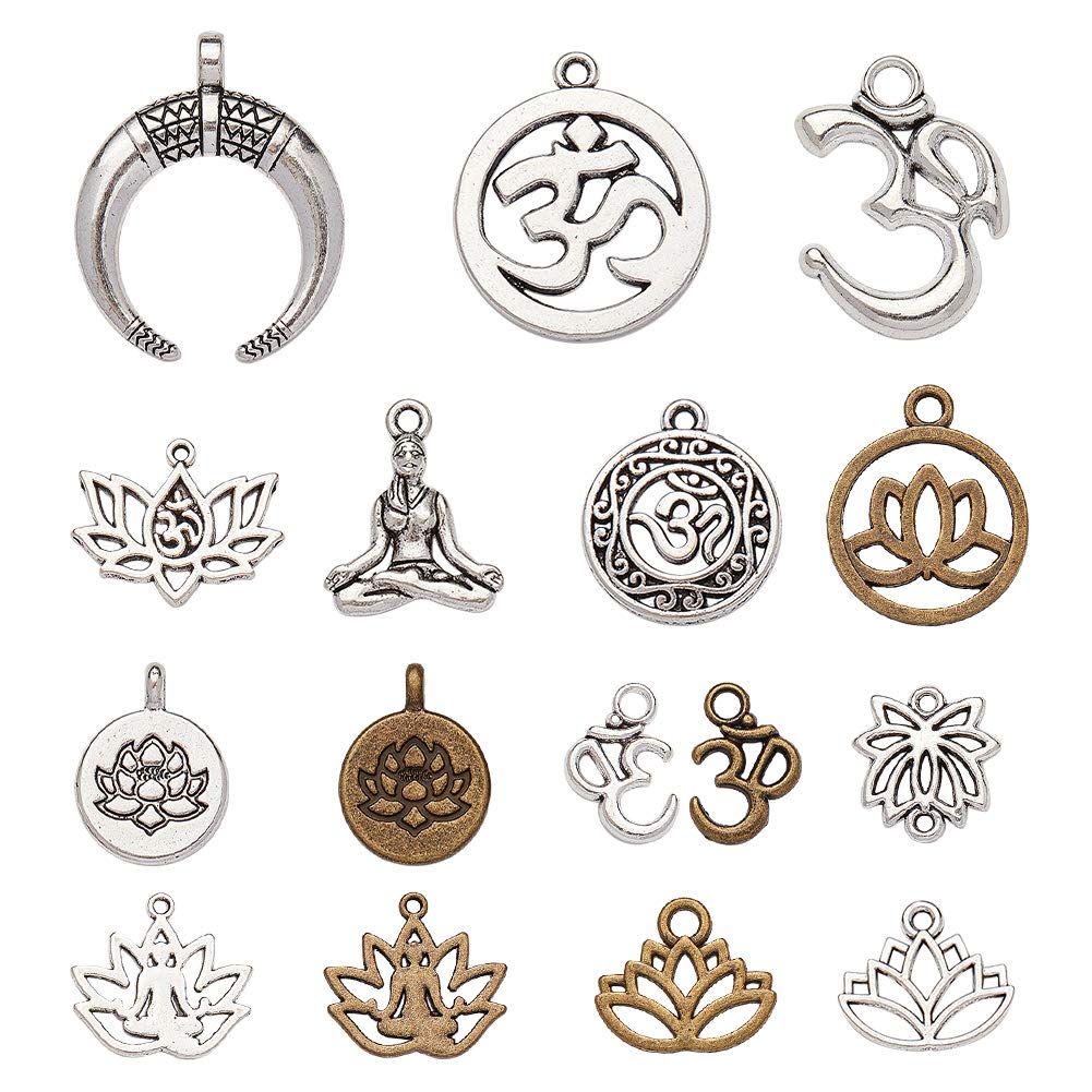 NBEADS 60~70pc Alloy Pendants, OHM Charms OM Lotus Flower Styles Charms Pendants DIY for Jewellery Making Necklace Bracelet