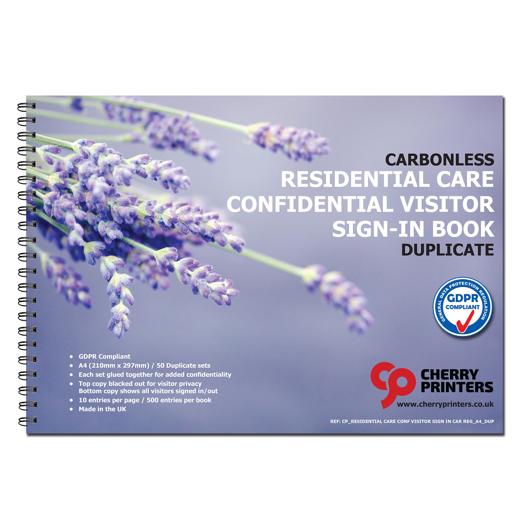 Cherry Residential Care Confidential Visitor Sign-in Wiro Book | GDPR Compliant | A4 Duplicate | Privacy Protected Top Copy | 50 Sets | 500 Entries | Made in The UK | Ideal for Care Homes