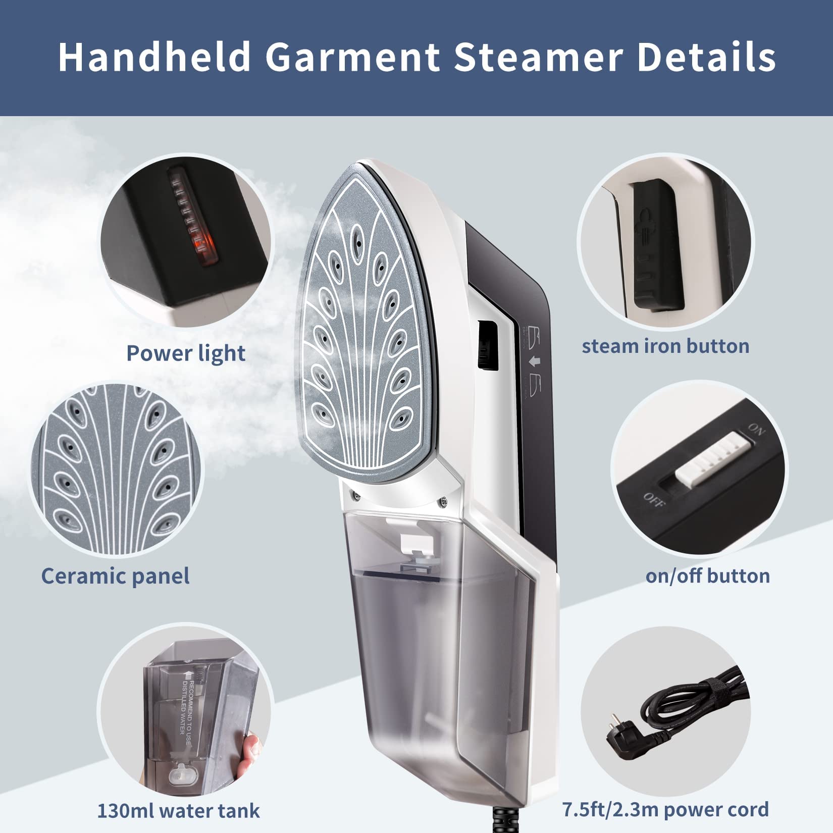 HOMETOP Handheld Steamer for Clothes, 30-Second Fast Heat-up, 1300W Powerful Garment and Fabric Steamer, Removes Wrinkle, Portable Steam Iron for Home and Travel