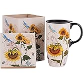 Topadorn Coffee Ceramic Mug Porcelain Latte Tea Cup Travel Mug With Lid in Present Box 17oz,Novelty Coffee Mugs for Office & Home Sunflower