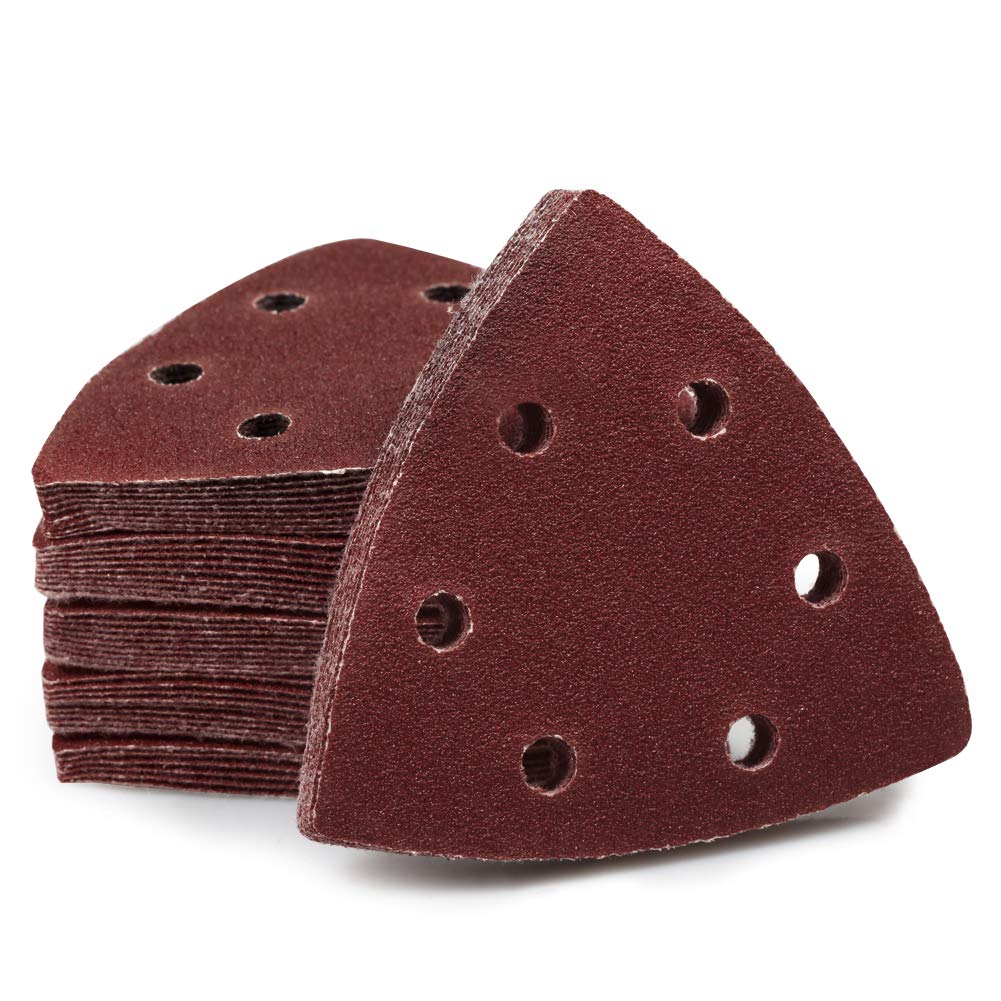 SPEEDWOX 50 Pcs Triangle Sanding Pads Hook and Loop 100 Grit Oscillating Sanding Pad 90mm 6 Holes Fit 3-1/2 Inches Oscillating Multi Tool Detail Sander Sandpaper Triangle Sanding Discs Sanding Tool — image 1