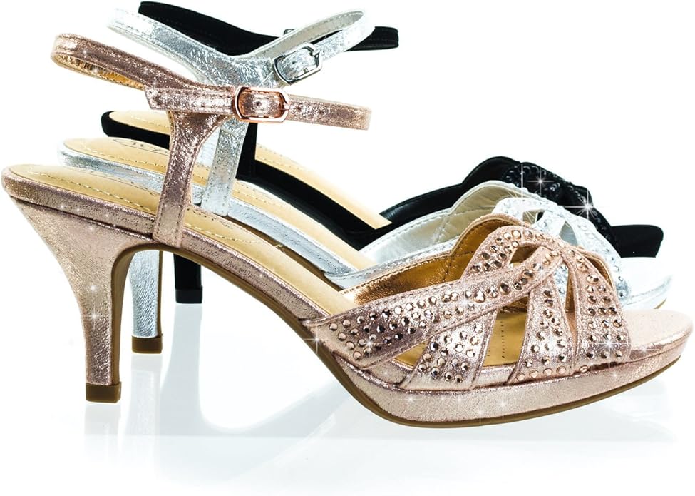 Rhinestone Medium High Heel Dress Sandal w Comfortable Foam Padded Sole Black
