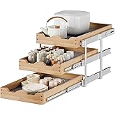 DINDON 3 Tier Pull Out Cabinet Organizer 14”W X21”D Slide Out Shelves With Shelf Liner for Kitchen Wood Roll Out Drawers Pantry Organization