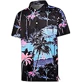 Hardaddy Men's Polo Hawaiian Floral Printed Moisture Wicking Dry Fit Short Sleeve Collared Golf Shirts