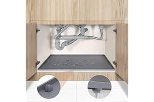 AECHY Under Sink Mats for Kitchen Waterproof, 28" x 22" Under Sink Tray, Under Kitchen Sink Mat with Unique Drain Hole, Waterproof & Flexible Under Sink Liner for Kitchen and Bathroom Gray