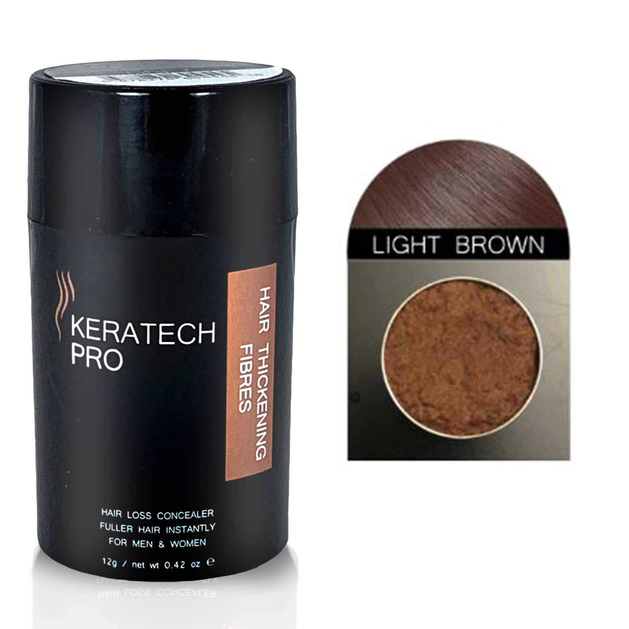 Coloured Hair Thickening Fibres by Keratech Pro 12ml | Instantly Fuller and Thicker hair | Advanced 100% Natural Keratin formula | (Light Brown)