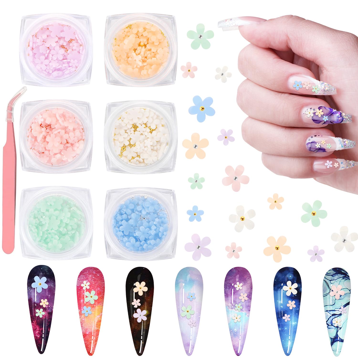 6 Pack 3D Flowers Nail Charms,UHOMENY Colorful Flower Nail Art Charms with Pearl Flower Nail Art Gem Nail Manicure Decoration Flower Nail Accessories with Tweezers for Nail Art Jewelry Crafting