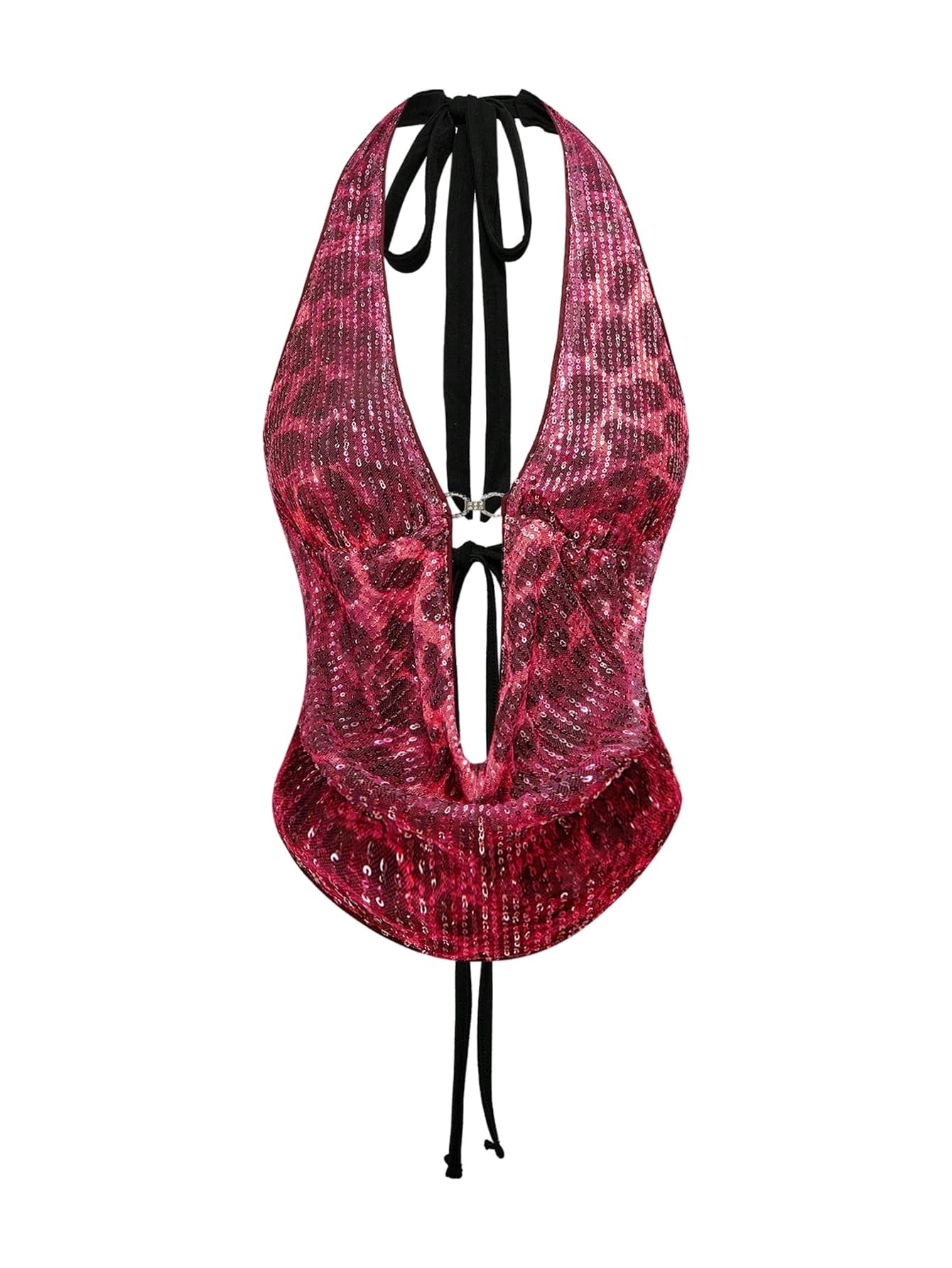 Photo 1 of Verdusa Women's Cheetah Print Sequin Top Y2K Tie Back Corset Halter Going Out Crop Tops Pink X-Small