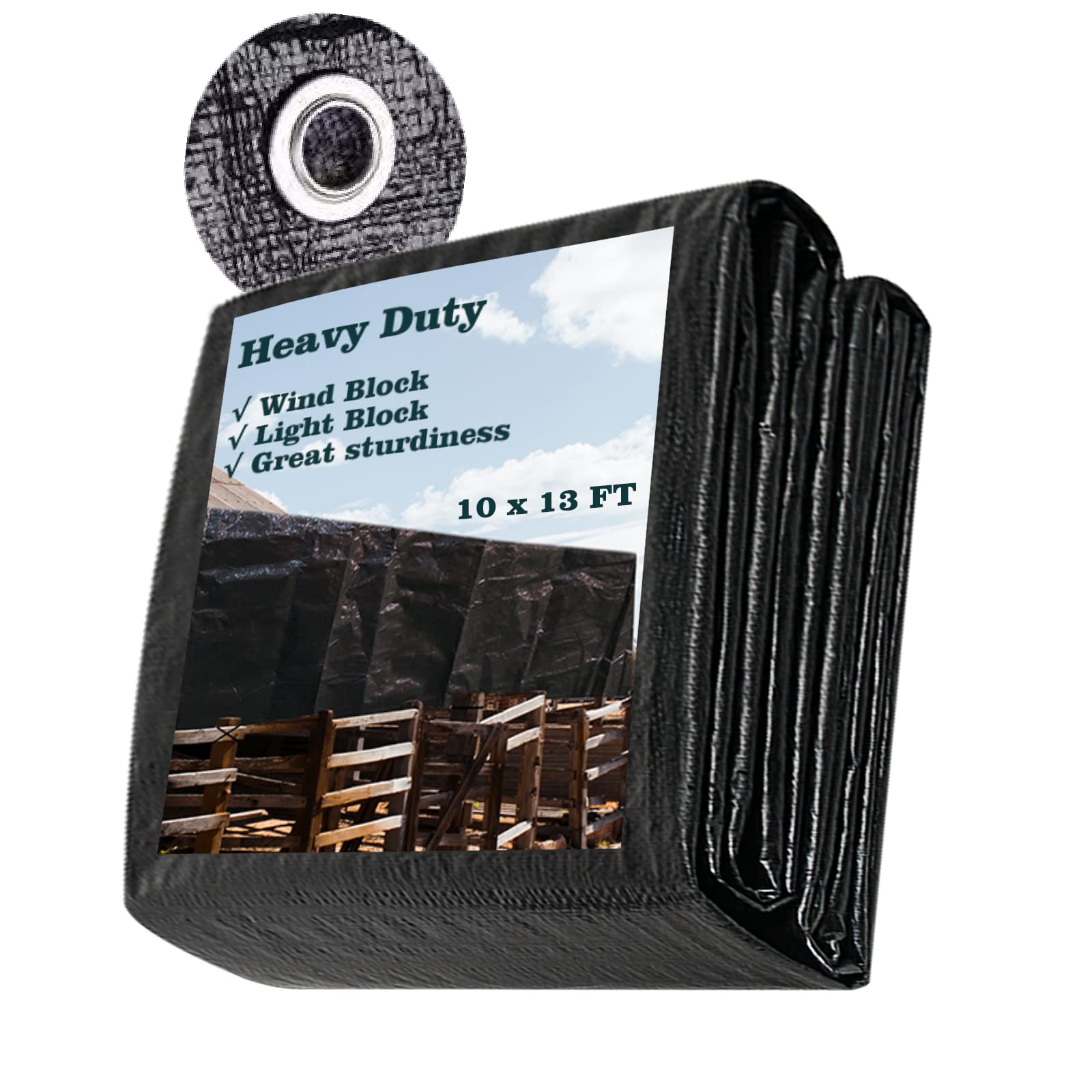 3mx4m Heavy Duty Black Waterproof Tarpaulin, UV Resistant 140g/m² Heavy Duty Sheet Cover with Grommets, Wind Block Light Block Multipurpose Tarpaulin Cover for Camping Shed Fishpond Hay Log Pile Roof