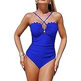 Eagerbuy Womens One Piece Swimsuits Tummy Control Slimming Scalloped Bathing Suit Sexy Cut Out Criss Cross Ruched Swimwear