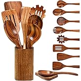 Vorisebo Wooden Spoons for Cooking, Natural Teak Wooden Utensils Set, 10 Piece Handmade Wood Kitchen Utensil Set with Holder and Spoon, Durable Nonstick Kitchen Cookware Tool