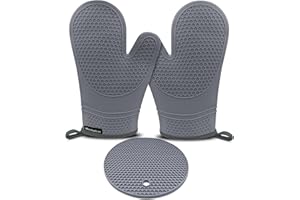 Monbalcon Silicone Oven Mitts and Pot Holders Sets 3PCS for Kitchen, Oven Gloves Heat Resistant 500°F, Non-Slip Silicone Poth