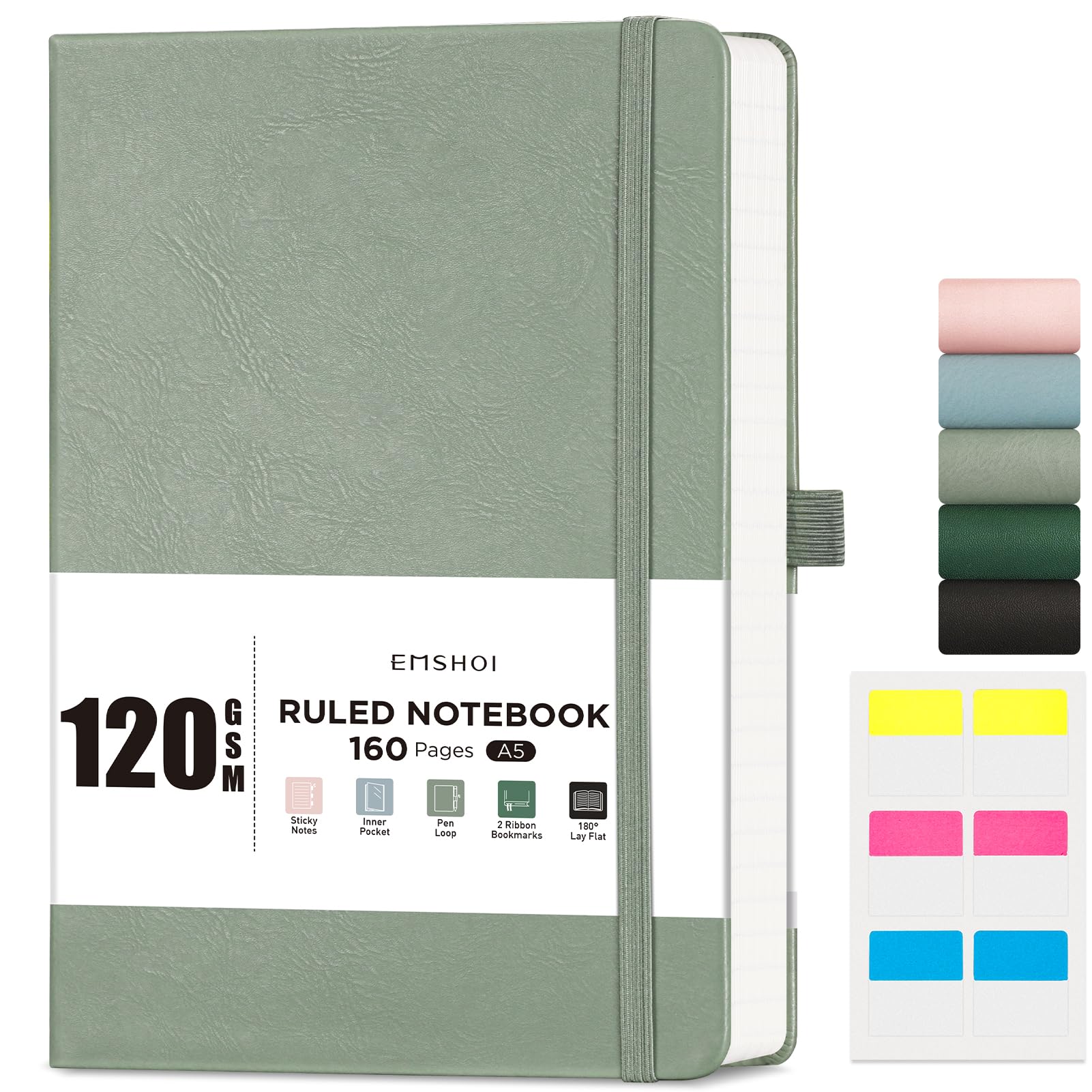 EMSHOI A5 Notebook Lined Journal - 120 GSM Paper Hardcover Notepad for Work, 160 Pages College Ruled Note Book, Leather Writing Journal for Women, Men, Work, School, 14.5 X 21 cm - Light Green