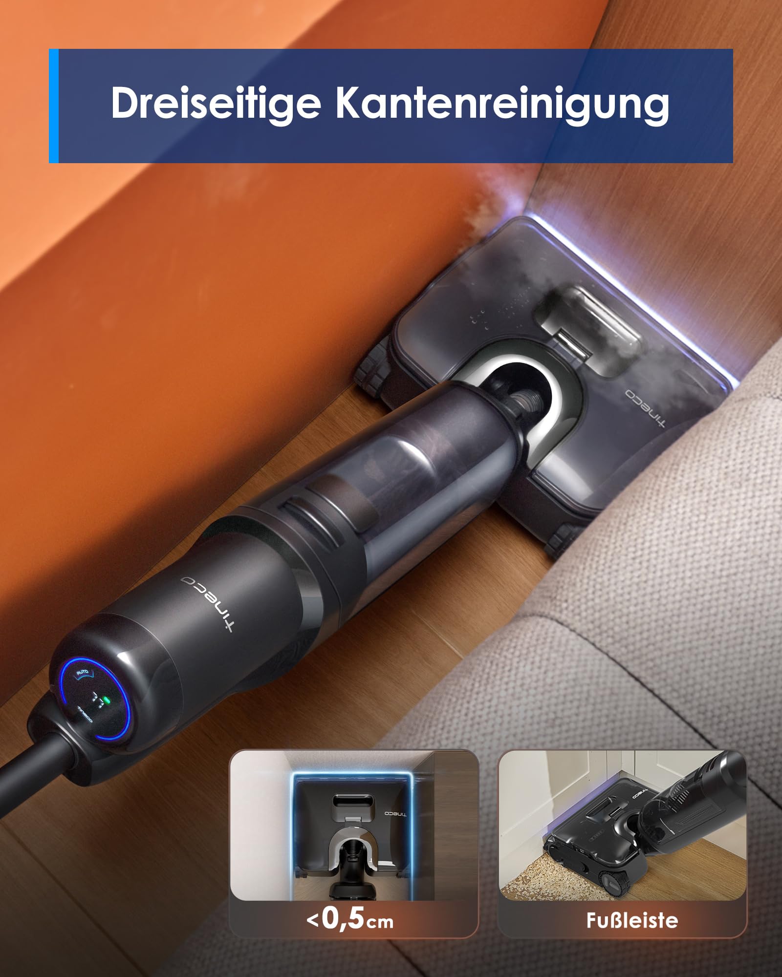 Tineco FLOOR ONE S7 Stretch Steam Nass Trockensauger 160 °C HyperSteam Dampfreiniger, 80 Min Laufzeit, DualBlock Anti-Tangle, FlashDry Selbstreinigung, Dreiseitige Kantenreinigung, hartnäckige Flecken 7