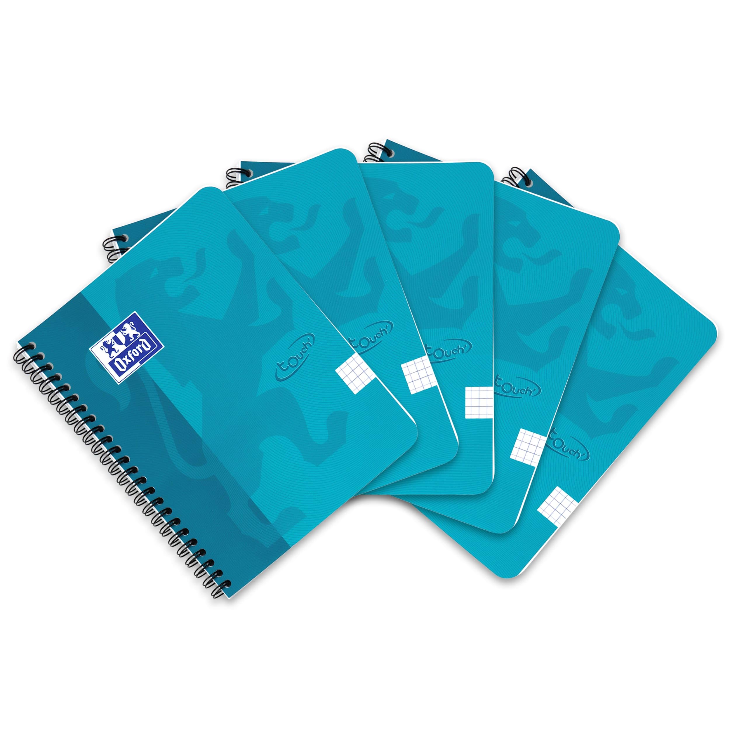 Oxford 400104100 Touch Spiral-Bound Pad Aqua A5 Squared 5 mm 140 Pages 90 g Flexible Cardboard Cover Pack of 5
