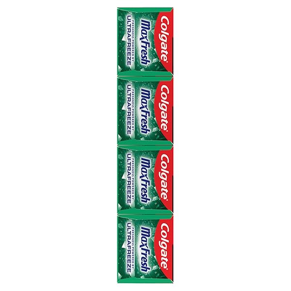 COLGATE MAX FRESH WHITENING TOOTHPASTE WITH MINI STRIPS, CLEAN MINT TOOTHPASTE FOR BAD BREATH, HELPS FIGHT CAVITIES, WHITENS TEETH, AND FRESHENS BREATH, 6.3 OUNCE (PACK OF 4)