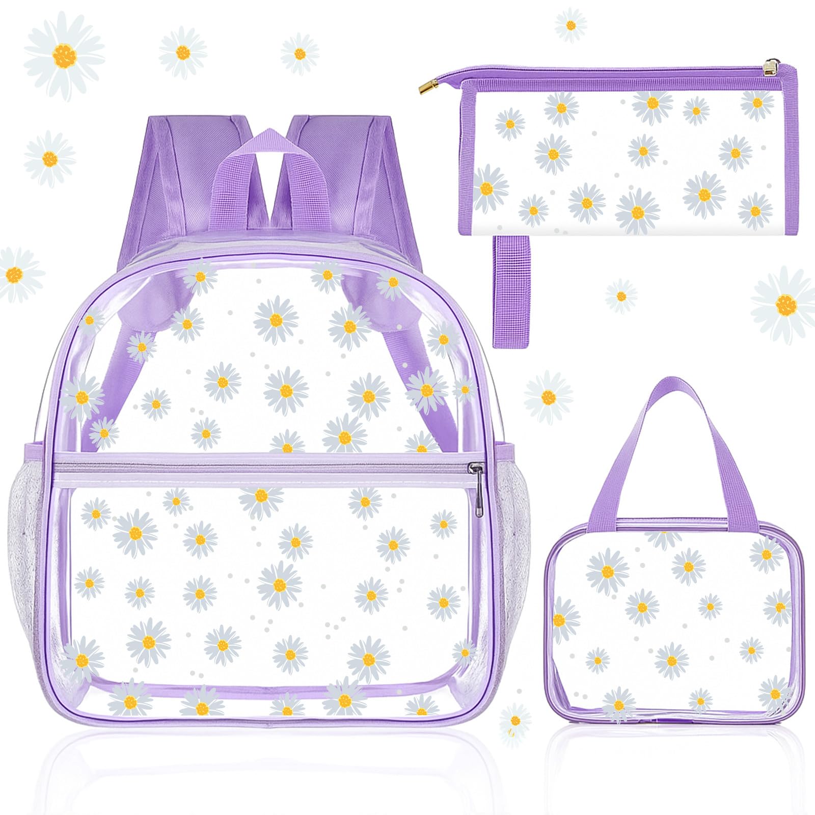 Photo 1 of 3 Pcs Daisy Toddler Clear Backpack Set for Kids Aged 3 to 8, 12 Inch Mini Toddler Backpack for Stadium Events Clear See Through Cute Bag for Kids Preschool Kindergarten Sports Concert (Purple)