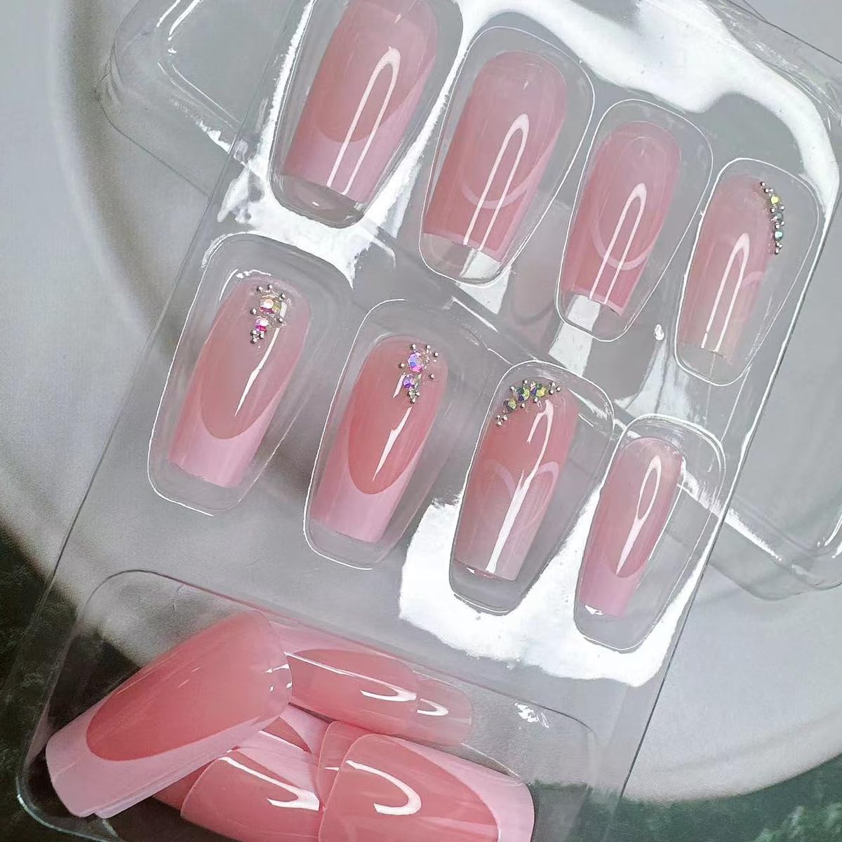 Pink French Tip Press on Nails Long Gradient Coffin Shape Nude Nails Fake Nails with Design French Nails Press ons Cute Heart Line Stick on Nails Medium Square Acrylic Nails for Women Daily Wear 24Pcs - Image 6