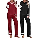 Ekouaer 2 Pack Women's Pajama Set Long Sleeve Sleepwear Loungewear V Neck Pjs Sets with Pockets S-XXL