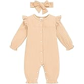 TITKKOP Newborn Baby Girl Fall Winter Romper Long Sleeves Ribbed One-Piece Outfits with Headband Coming Home Jumpsuit