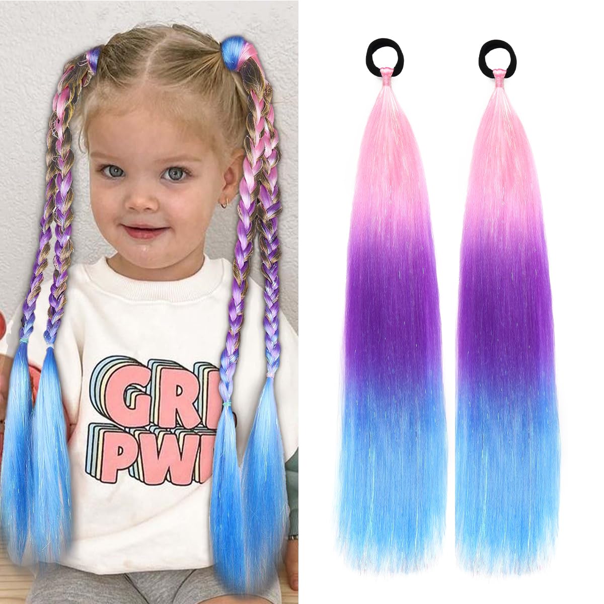 Rainbow Ponytail Extensions With Hair Tie 2 Packs 50g/Pack Coloured Hair Extensions for Braiding 26 inch Colorful Ombre Mermaid Pony Tail Synthetic Hair Extensions for Girl Women S39 โ image 1