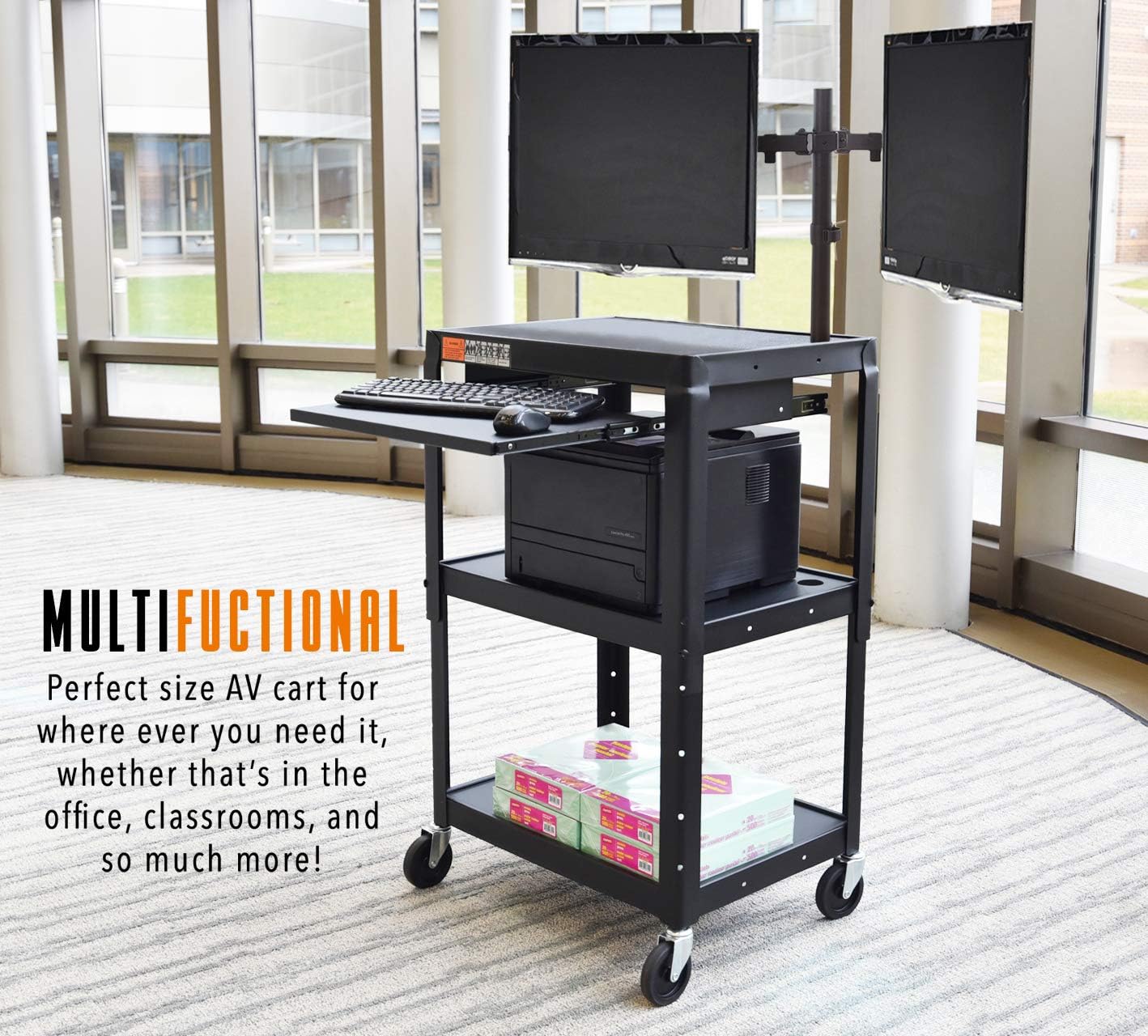 Line Leader AV Cart with Keyboard Tray and Dual Monitor Mount - Mobile Workstation/Presentation Cart with Monitor Arm - Take Your Office On-The-Go with Our Stand Up Computer Cart (Black / 24 x 18) : Office Products