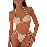 SHENHE Women's String Bikini Set Shiny Pearl Seashell Top Side Tie Halter Swimsuits 2 Piece