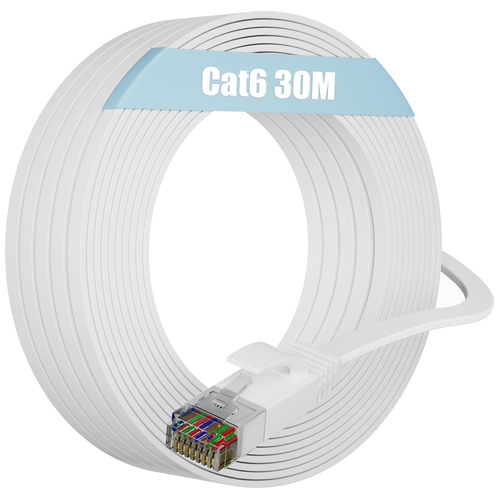 Soibke Ethernet Cable 30m Cat6, Internet Cable 30m High Speed, Network Cable Flat Long LAN Cable Indoor Gigabit White Patch RJ45 Wlan Cable for Router Modem - 1000Mbit/s 250MHz