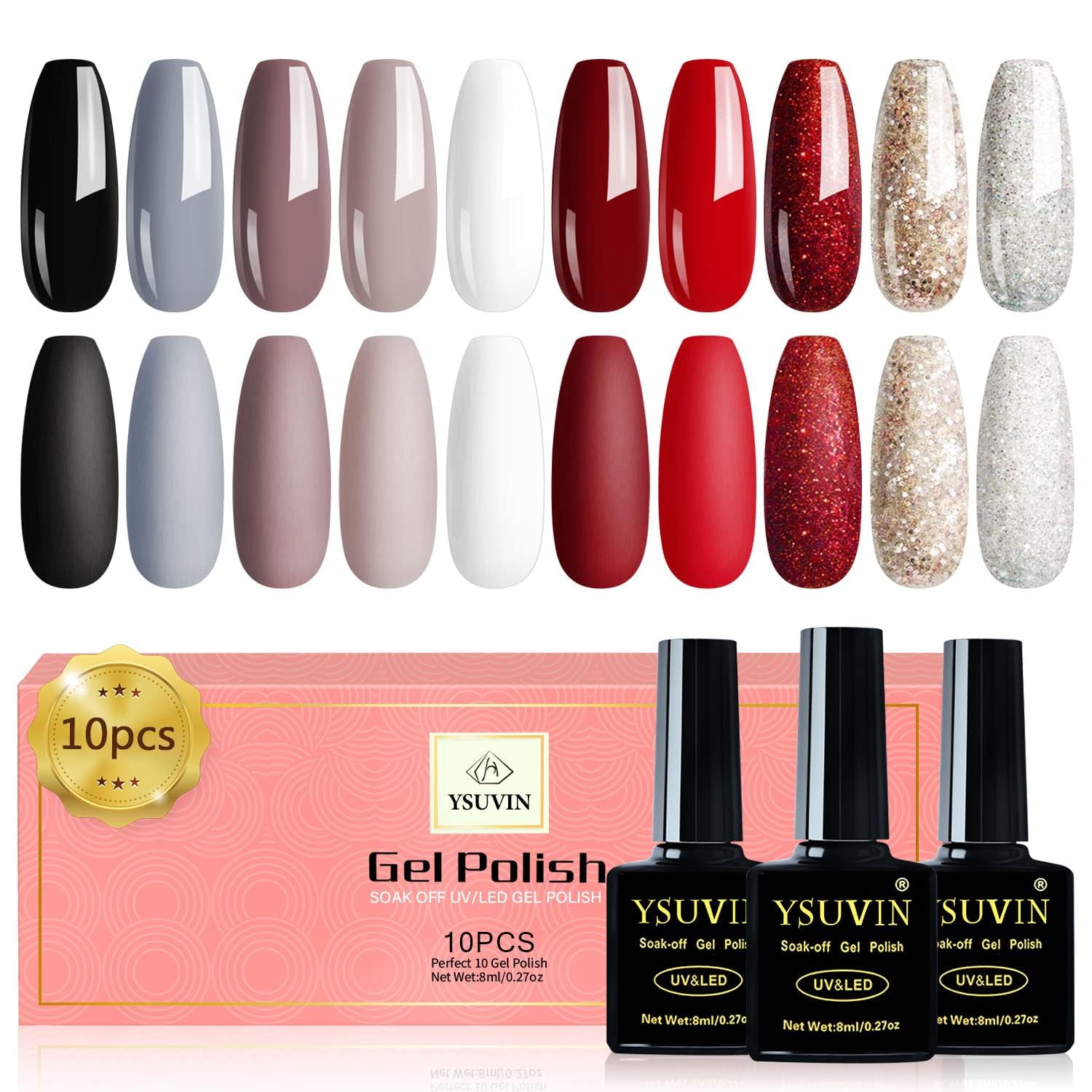 YSURE Gel Nail Polish,10 Colors Red Black Brown Grey White Glitter Gel Nail Polish Set Soak Off UV LED Gel Polish Set Winter Art Manicure Salon DIY at Home Beauty Set (Maple Red)