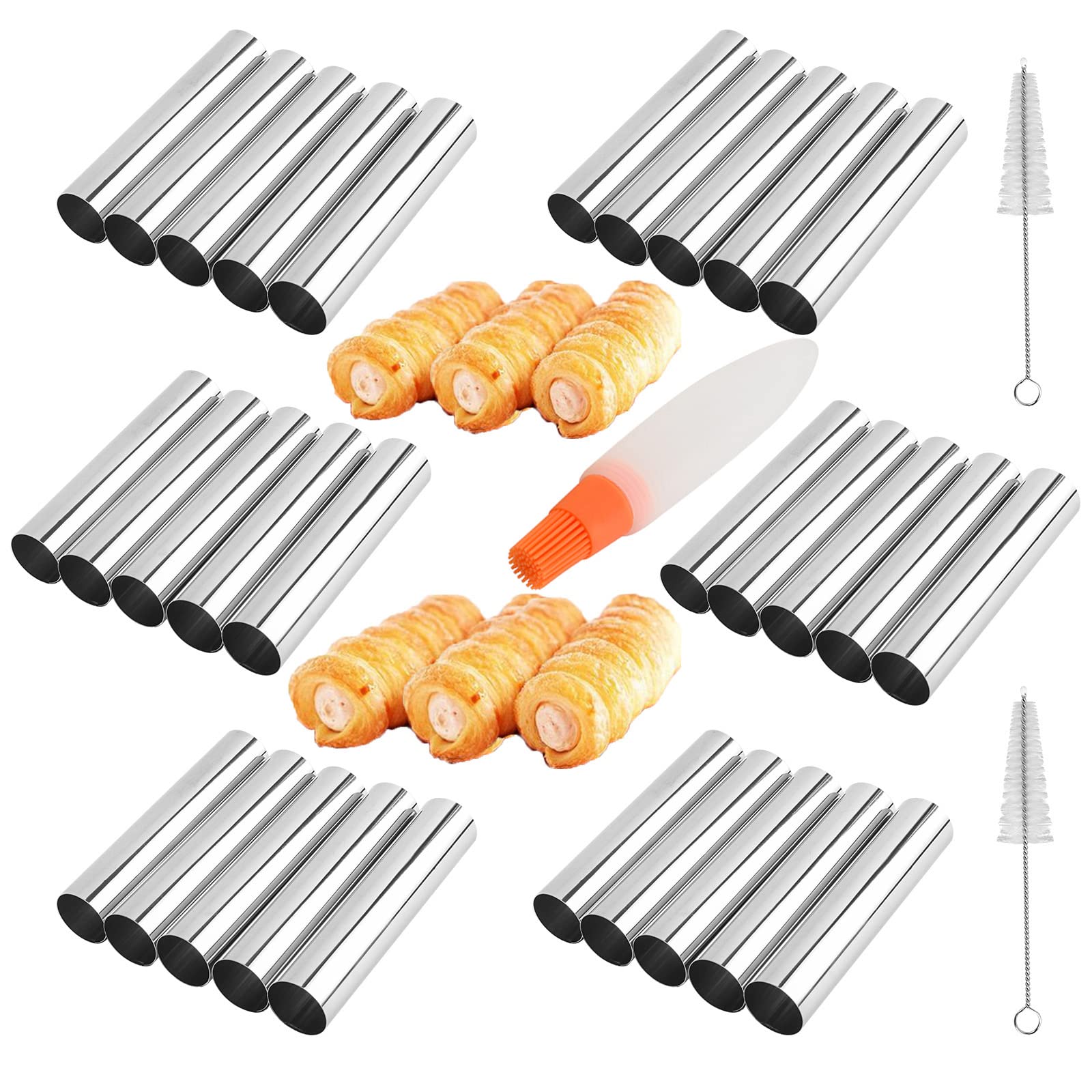 Non-Stick Cream Cannoli Tubes, RoseFlower 30 Pcs Stainless Steel Screw Croissant Mould Cannoli Shells Horn Cones Molds with 2 Clean Brush - Pastry Baking Set for Christmas Halloween Anniversary Party