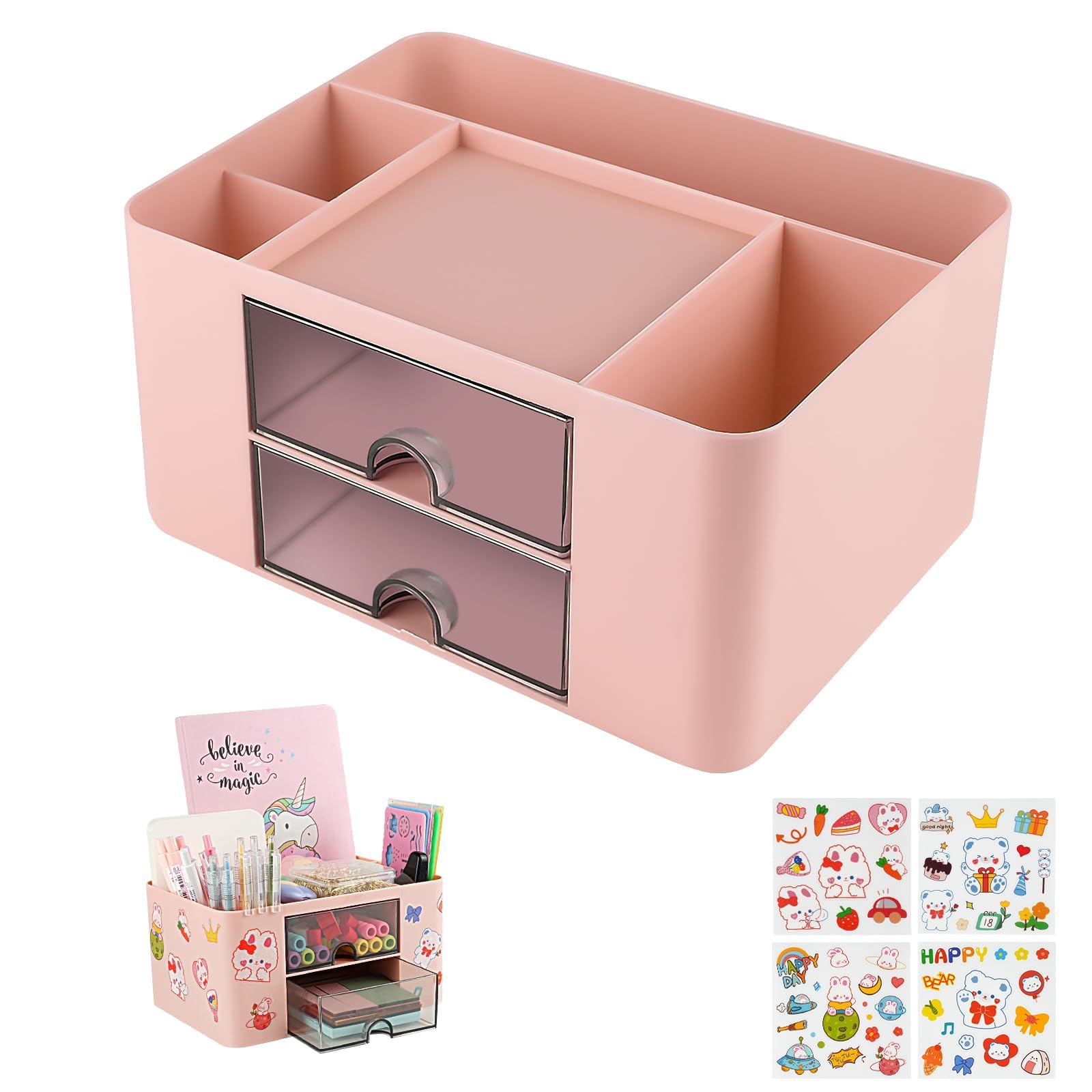OFFCUP Desk Organiser with Drawer, Plastic Table Organiser, Office Desk Supplies Organizer Desktop Stationary Storage Pen Holder with 7 Grids for School Office Home (Pink)