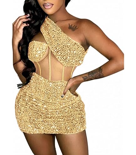 Luxury Rhinestones Sequins Mesh Backless Mini Short Dress for Women Birthday Party Prom Club Nightclub Gown Gold Black (Black) : Clothing, Shoes & Jewelry