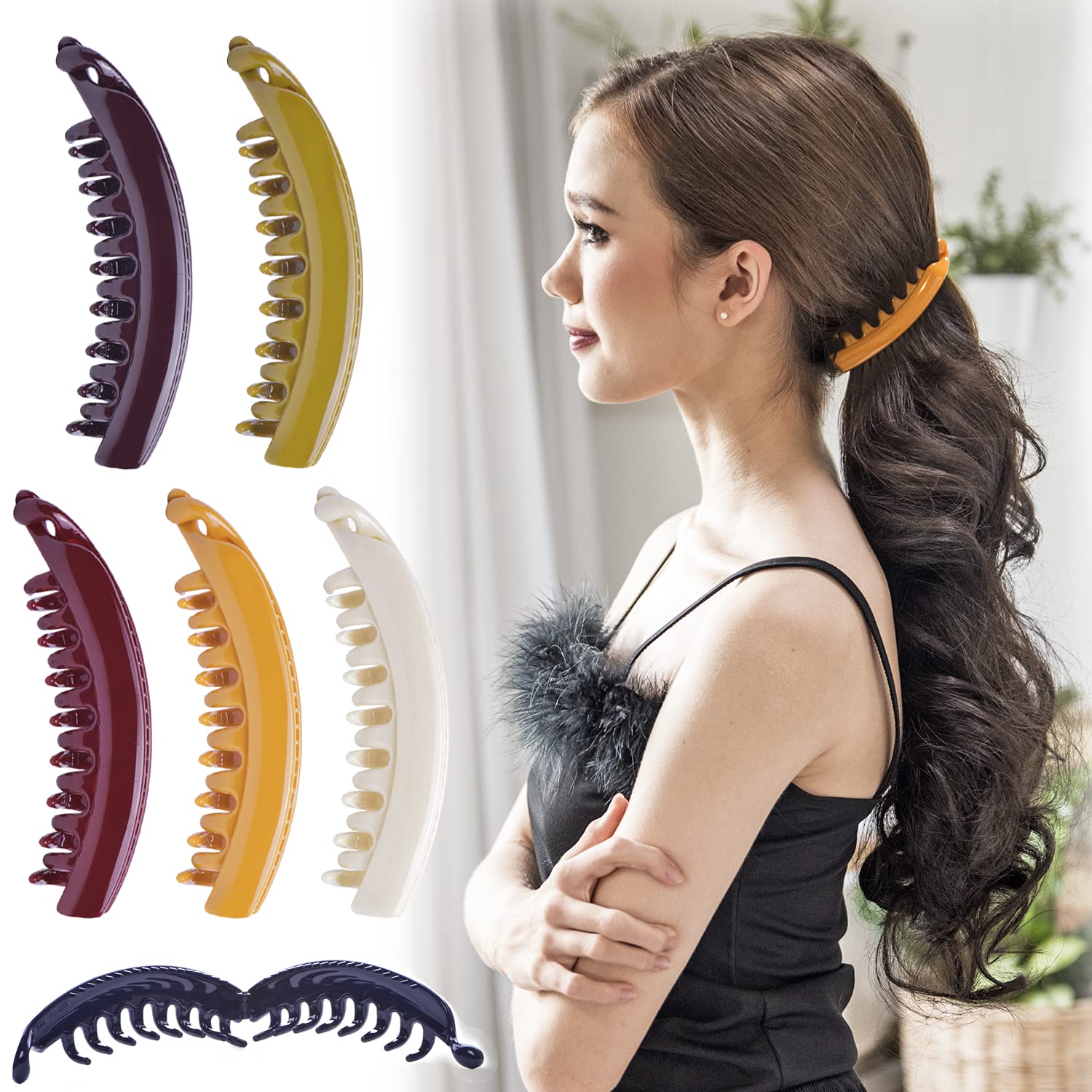 RC ROCHE 6 Pcs Large Banana Hair Clips Claws for Women Thick Curly Ponytail Holder Maker Big Comb No Crease Strong Hold Styling Clasp, Medium Classic Multicolor