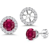 Gem Stone King 14K White Gold Customized and Personalized Round 6MM Gemstone Birthstone and White Lab Grown Diamond Removable Jacket Stud Halo Earrings for Women