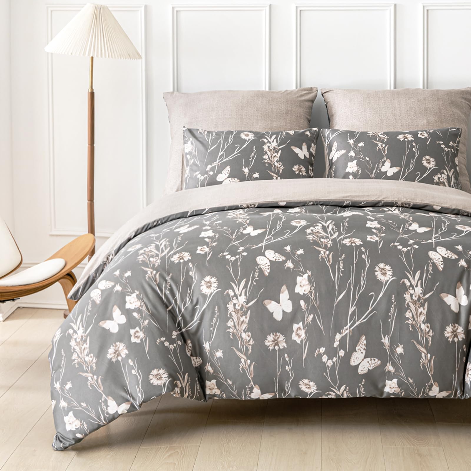 Tokokimo Double Duvet Cover Set 2 Pieces Reversible Soft Microfiber Duvet Cover with 2 Pillow Cases 200x200cm Grey Botanical Floral — image 1