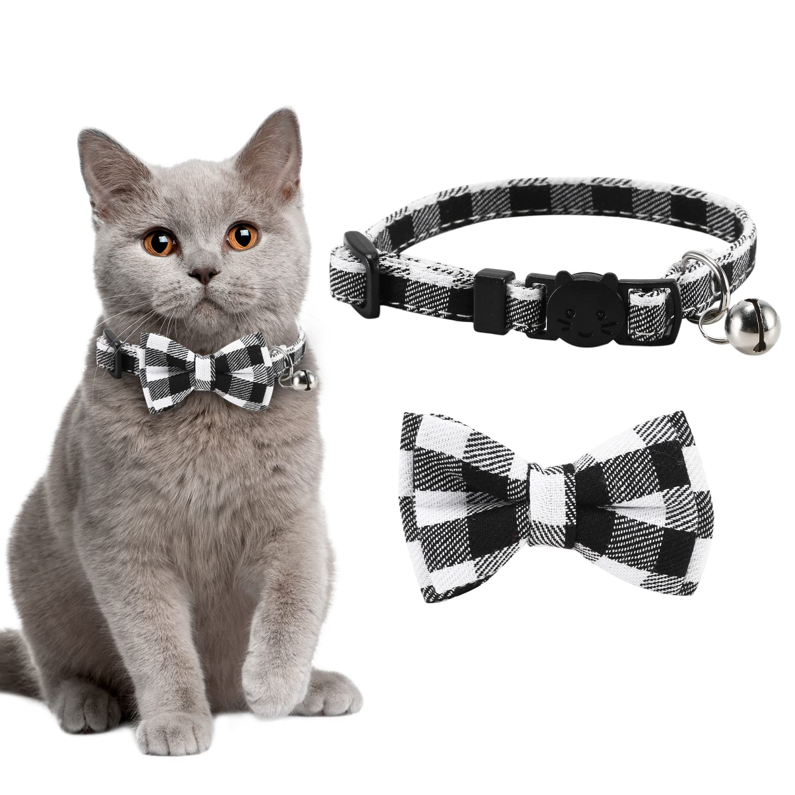 Cat Collar with Bell and Bow Tie, Quick Release Safety Collars for Kitten and Cats, Soft Cat Collar (S:18-28 cm (Pack of 1), black White)