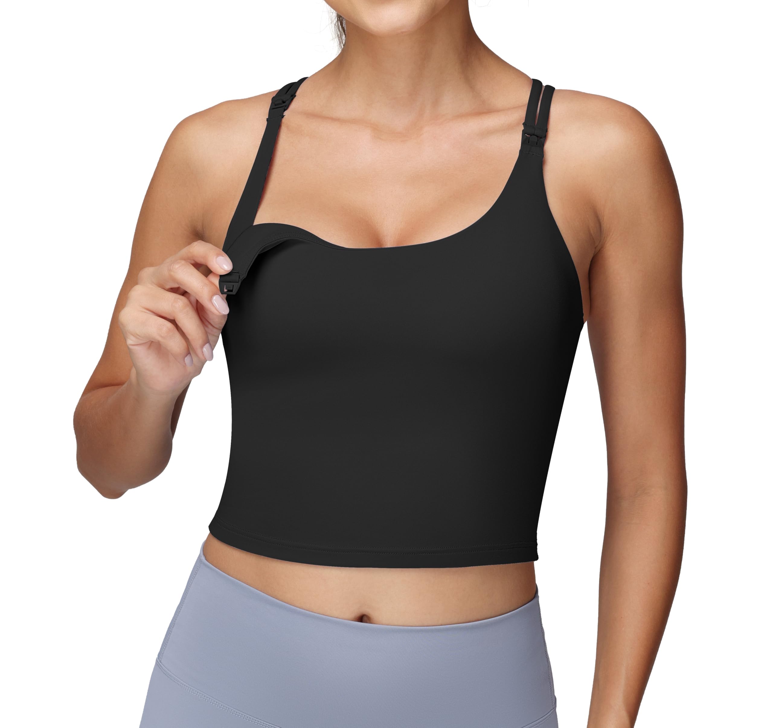Photo 1 of Foucome Nursing Tank Tops for Breastfeeding Longline Nursing Sports Bra Cross Back Workout Crop Top with Built in Bra Black, M