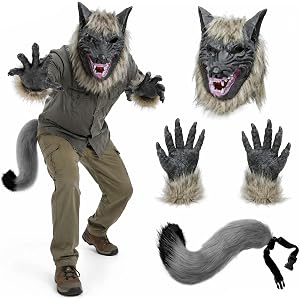 ZENHUNG 4PCS werewolf costume Set, Halloween Horror werewolf mask with Claws Gloves and Adjustable Tail,Scary Masks for Adult
