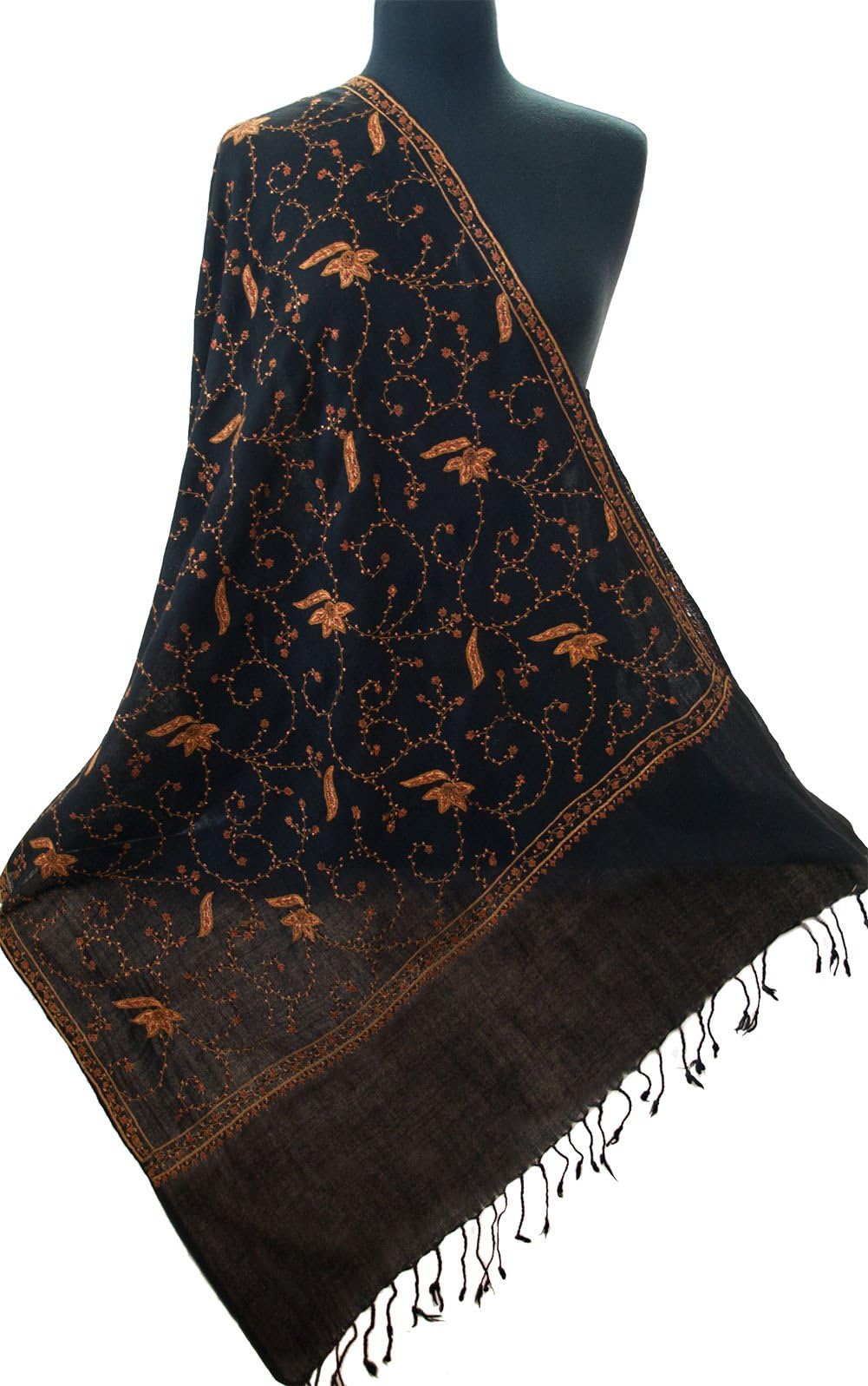 Hand-Embroidered Black Wool Shawl Kashmiri Sozni Stitch Pashmina Style Gold Tone