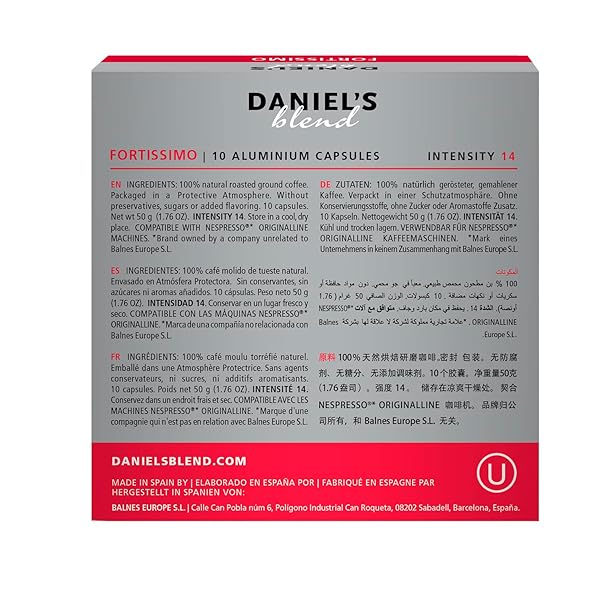 DANIELS BLEND ESPRESSO ALUMINUM CAPSULES COMPATIBLE WITH NESPRESSO, 10 COFFEE PODS, FORTISSIMO, SINGLE SERVER, KOSHER CERTIFIED